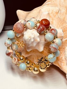 Gold & Red-Blue Beaded Stretch Bracelet Set